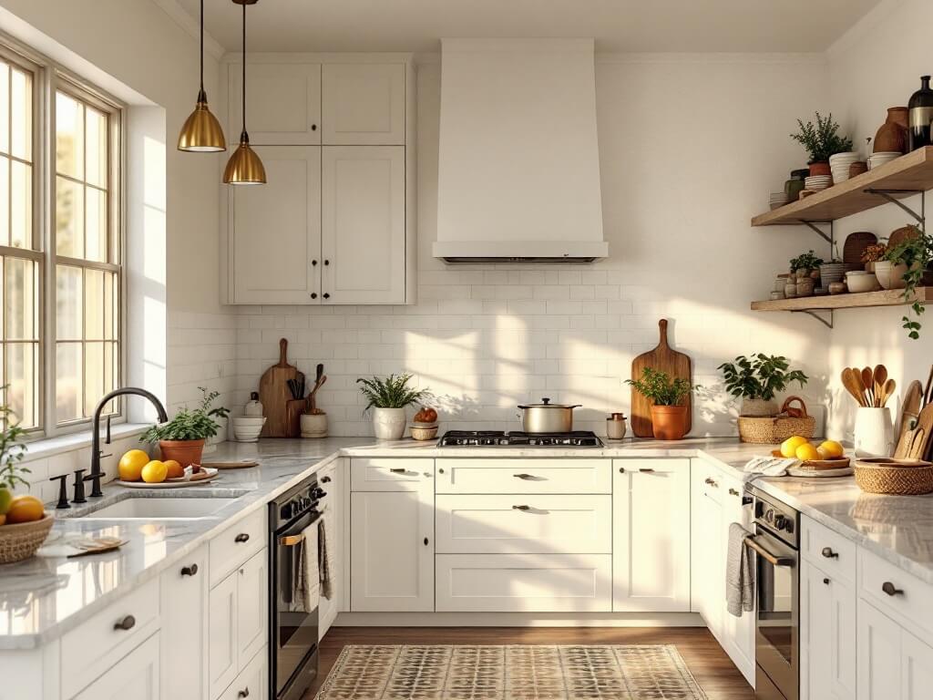 Photorealistic modern farmhouse kitchen with off-white cabinets, brass lighting, marble countertops, and warm golden hour sunlight.