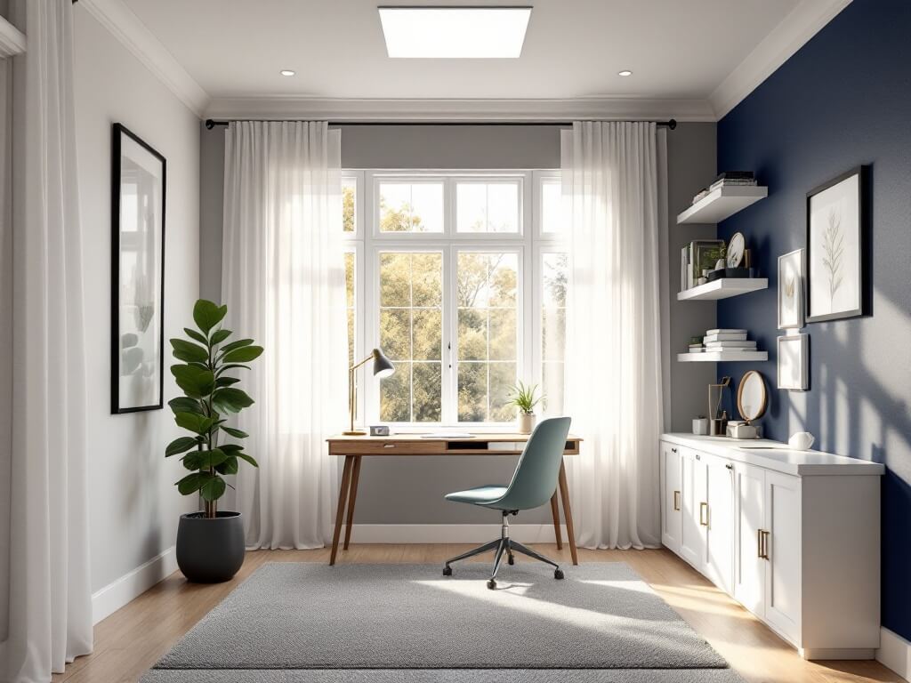 "Modern home office with walnut desk, sage green chair, navy accent wall, and white floating shelves. Floor-to-ceiling windows with sheer curtains allow natural light. Built-in bookcase, brass lamp, minimalist art, and fiddle leaf fig enhance the space. Soft LED lighting and textured gray carpet complete the design."