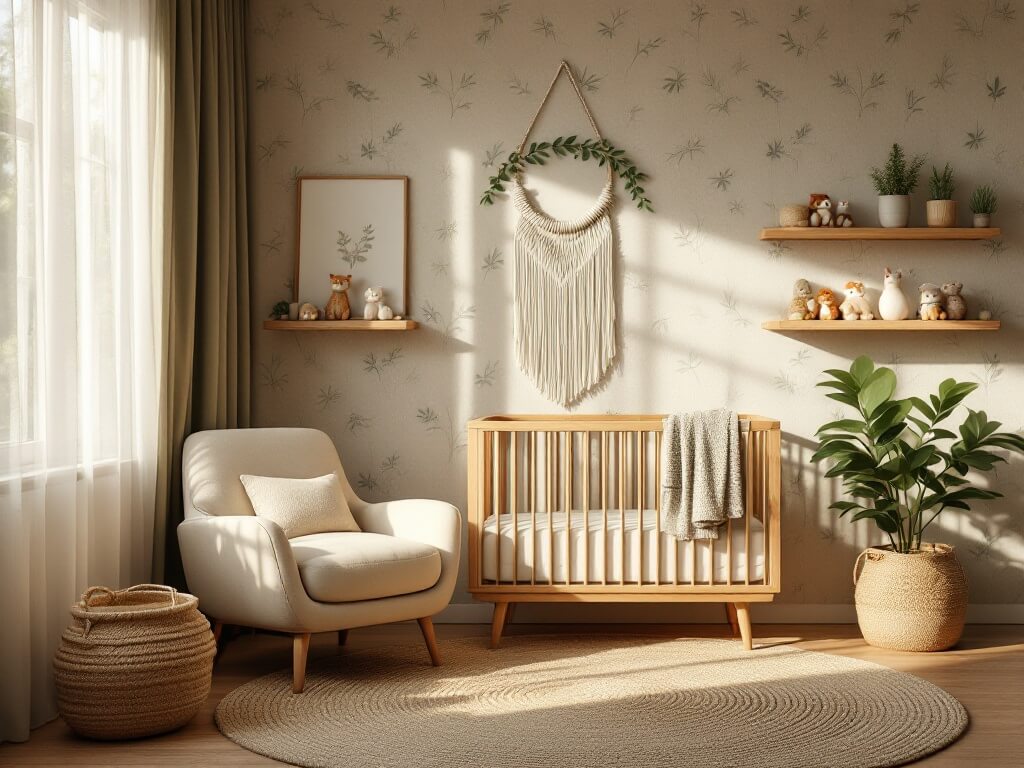 Woodland-themed nursery with an oak crib against grasscloth wallpaper featuring forest creature motifs, bathed in soft morning light. A plush oatmeal nursing chair sits beneath a macramé leaf wall hanging, with a jute rug anchoring the space. Floating wooden shelves display artisanal woodland animal figurines, while woven baskets provide storage. Warm, diffused lighting enhances the natural textures and earthy color palette.