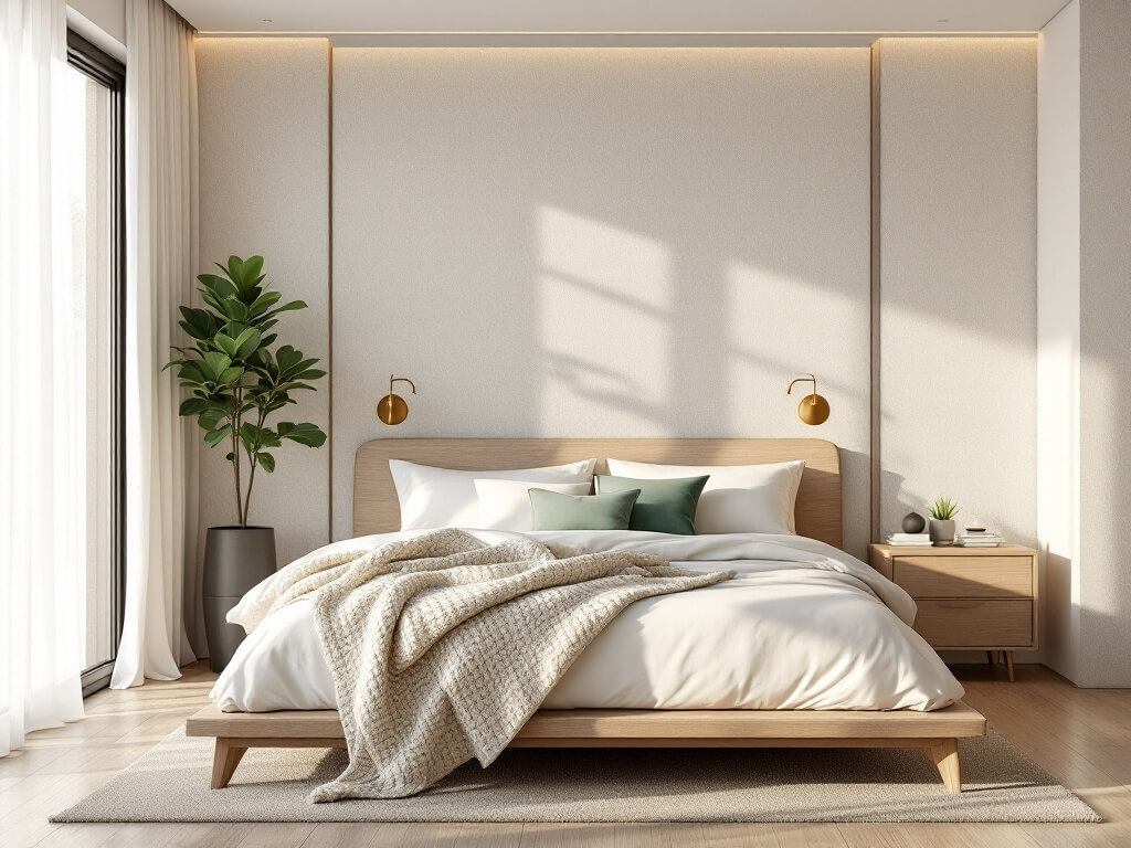 Photorealistic serene primary bedroom with morning golden hour light filtering through floor-to-ceiling windows with sheer white linen curtains; features a king-size platform bed with crisp white sheets, a chunky ivory knit throw, and sage green velvet pillows; grasscloth textured accent wall in warm ivory; minimalist oak nightstands with vintage brass sconces; and a ZZ plant in a matte black ceramic pot.