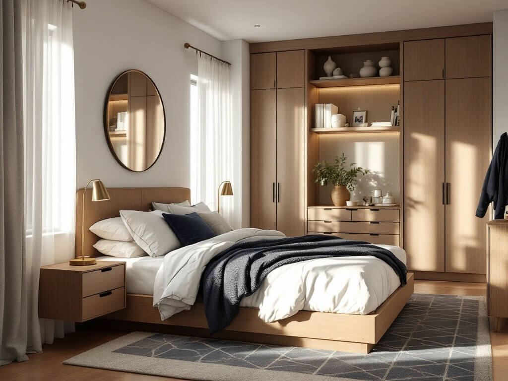 Alt text: Cozy master bedroom bathed in soft morning light, featuring a queen-size platform bed with white and gray linens, floating walnut nightstands with brass sconces, sheer white curtains, a large round mirror, a tall bleached oak dresser, and custom built-ins in a warm light gray and navy blue color scheme.