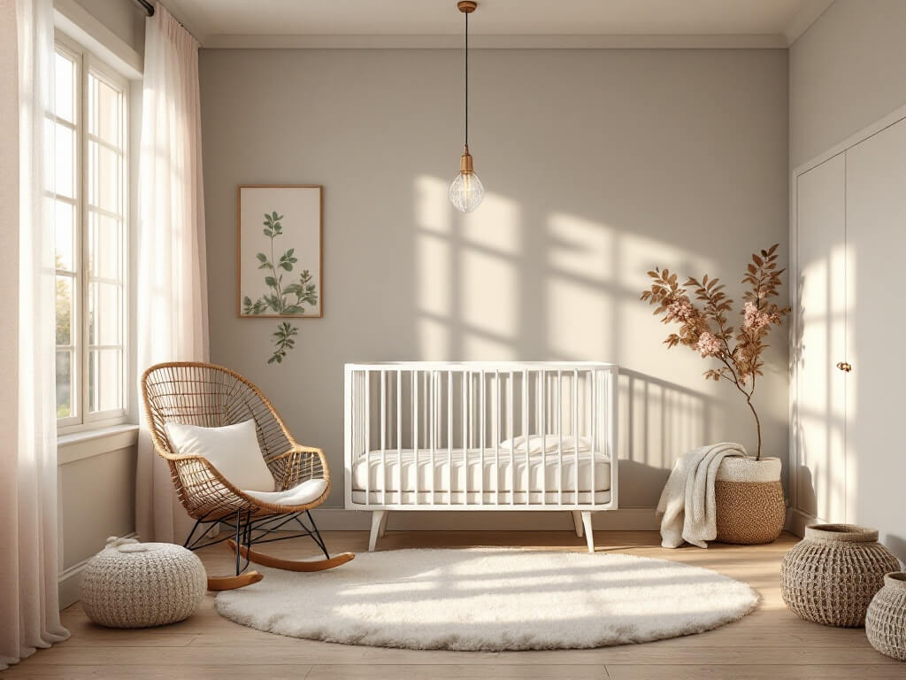 Serene nursery bathed in golden hour light, featuring a whitewashed iron crib against a light gray wall, gauzy white and blush pink curtains, an acacia wood rocking chair with cream cushions, a crystal pendant light casting soft shadows, a plush ivory wool rug, Scandinavian-style furniture, soft sage green botanical prints, and woven storage baskets, with layered textures in a muted color palette.