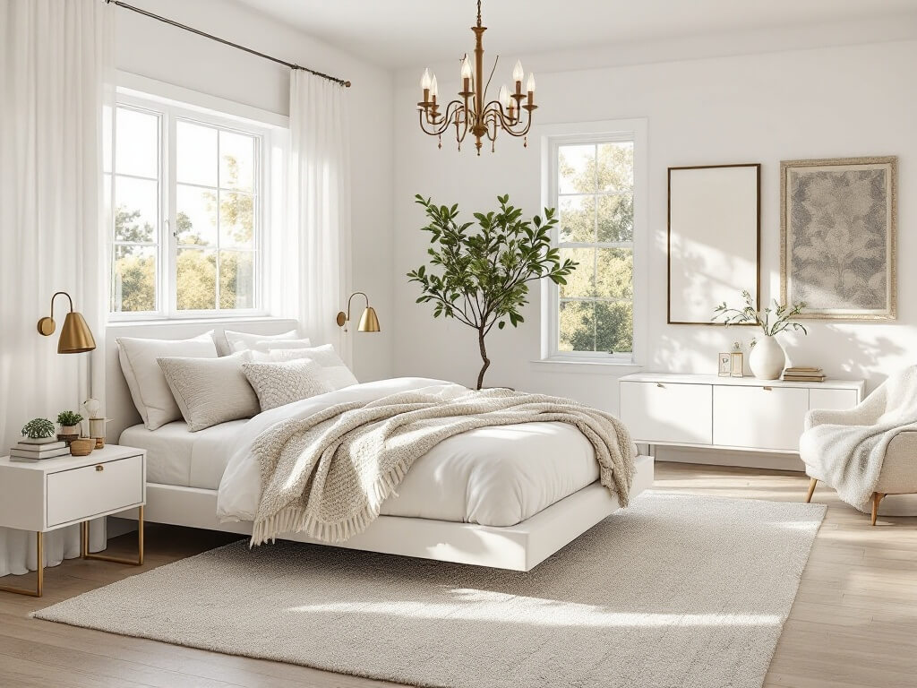 Sunlit white bedroom with a king-size platform bed, layered linens, and textured pillows. Floor-to-ceiling windows with sheer curtains, white oak nightstands with brass accents, and a vintage brass chandelier. Plush cream boucle armchair in a reading nook, large wool area rug, and a potted olive tree. Minimal artwork and ceramic vases with fresh white flowers. Warm morning light enhances the serene atmosphere.