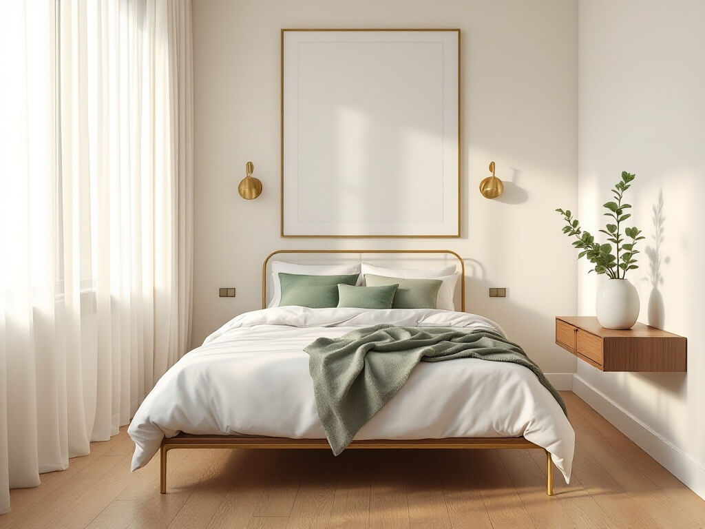 Photorealistic guest bedroom with a queen-size brass bed, crisp white linens, and sage green accent pillows. Morning golden light filters through sheer white curtains onto cream-colored walls and warm oak flooring. A floating walnut nightstand holds a ceramic vase with eucalyptus. Brass wall sconces provide soft illumination in this minimalist, high-end interior design.