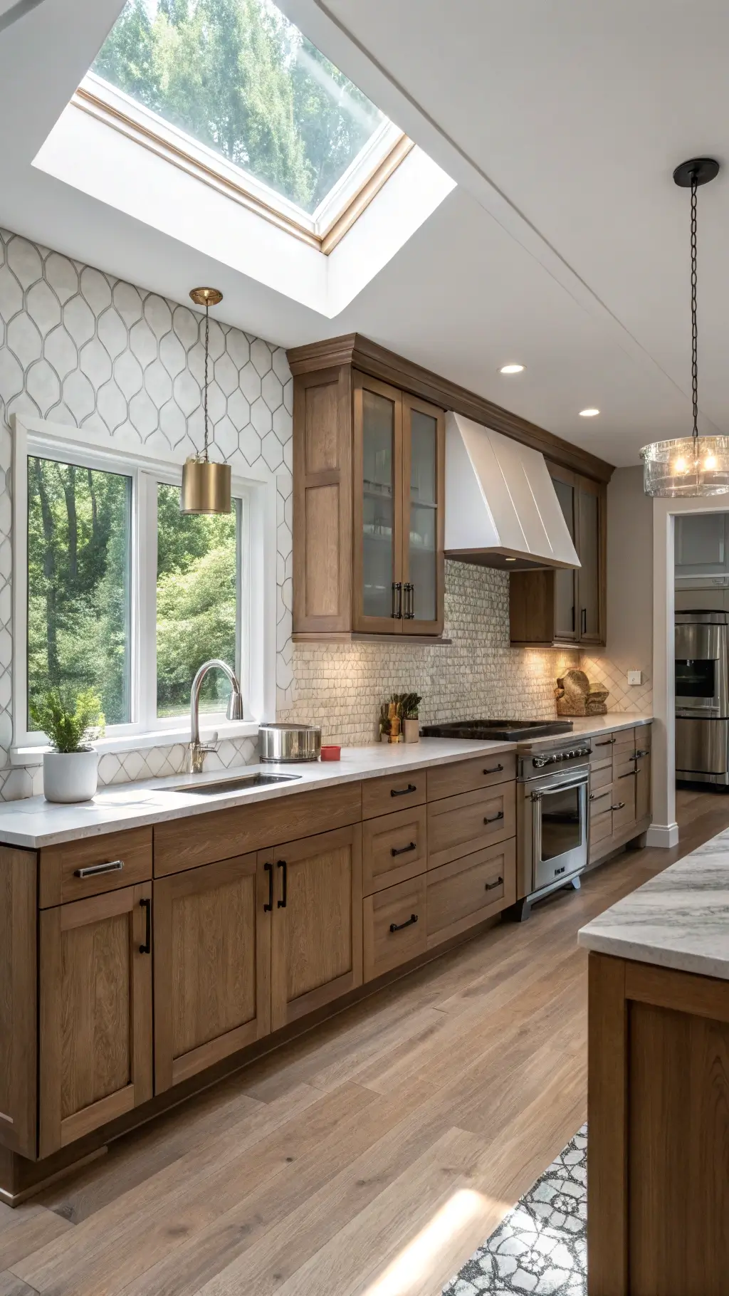 Transitional kitchen with birch upper and walnut lower cabinets, geometric grey tile backsplash, mixed metal fixtures, and skylight-lit natural ambiance.