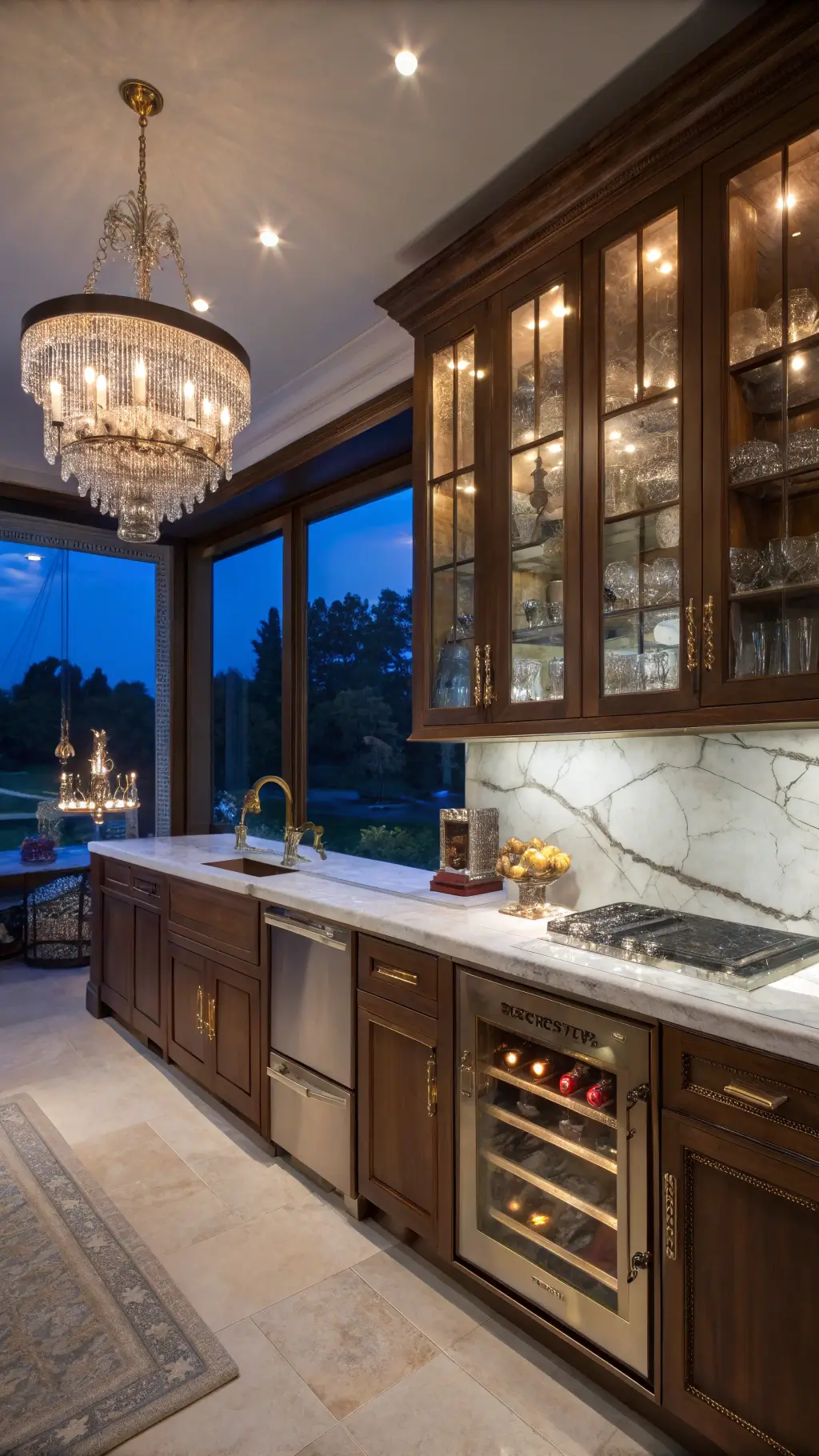 Luxurious walnut kitchen at dusk with illuminated glass cabinets, crystal chandelier, marble backsplash, and glowing wine fridge in dramatic lighting.