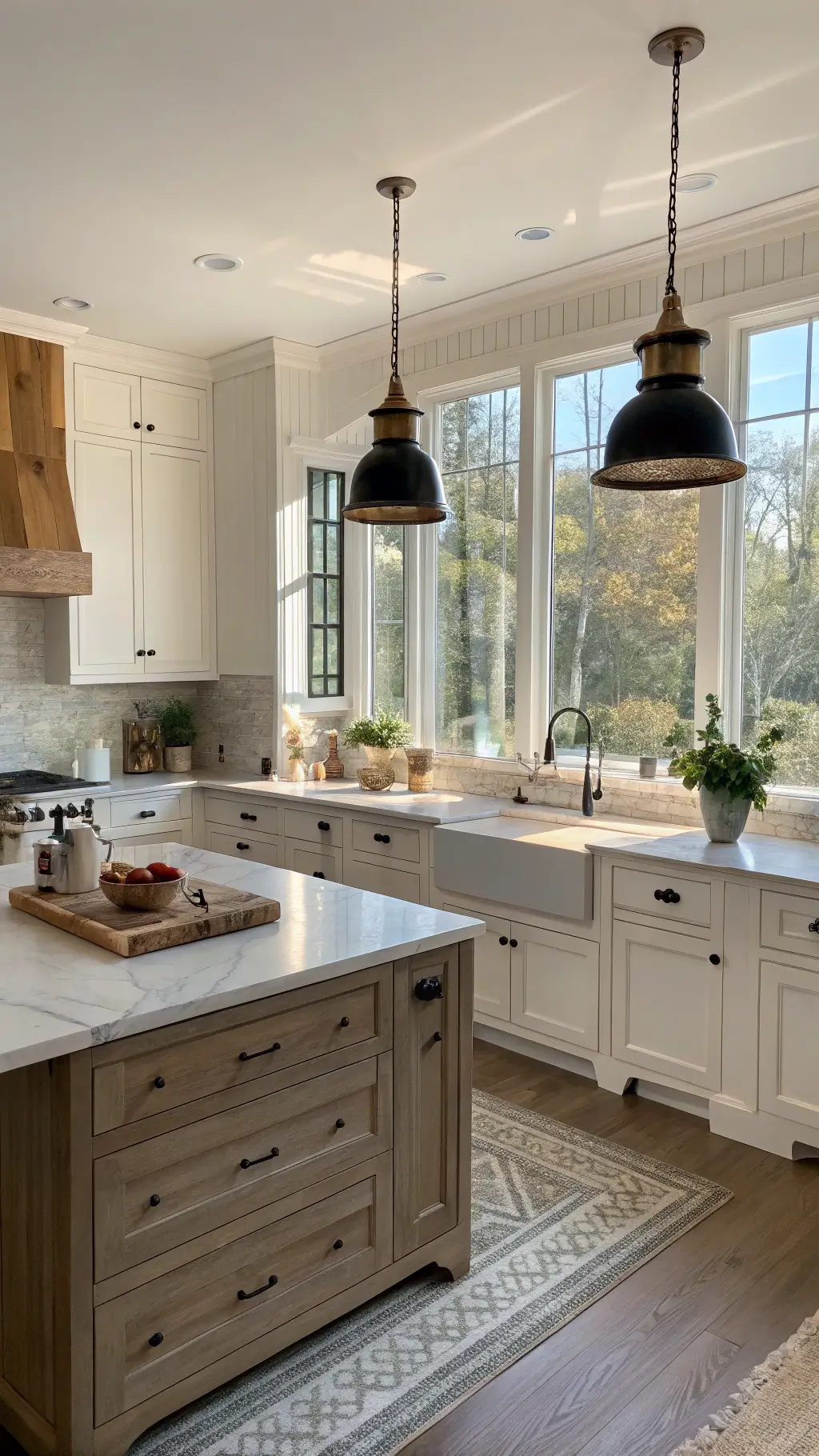 Modern farmhouse kitchen with white upper cabinets, navy lower cabinets, brass hardware, central oak butcher block island, and morning sunlight streaming through sheer curtains.