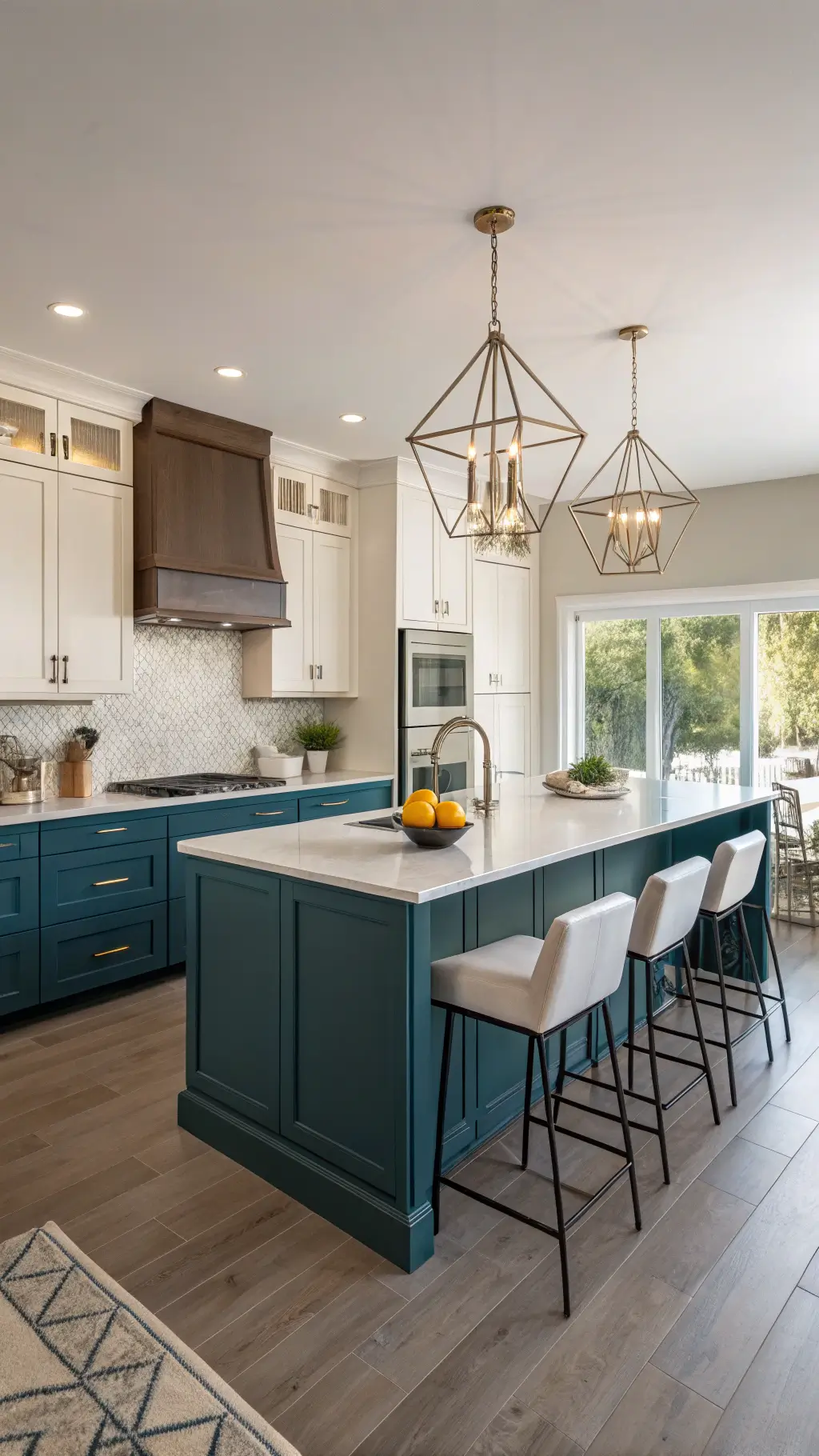 Wide-angle view of a contemporary L-shaped kitchen with teal lower cabinets, cream uppers, quartz waterfall island, chrome fixtures, and golden hour lighting reflecting on polished concrete floors.