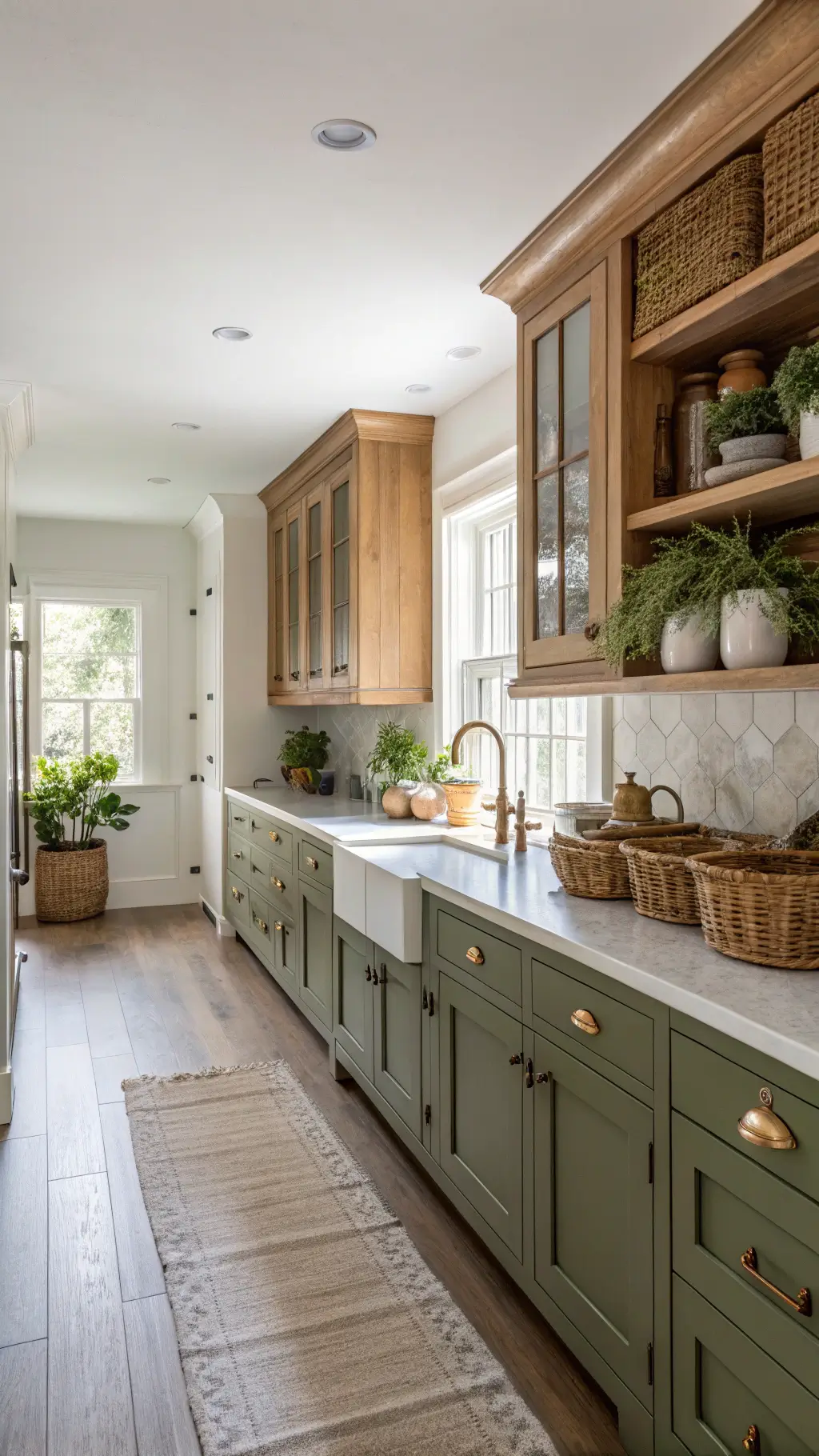 Cozy 12'x8' galley kitchen with white oak upper cabinets, olive green lower cabinets, soapstone counters, vintage brass pulls, and crown molding, lit by afternoon skylight with shadows; styled with baskets, pottery, and trailing plants.