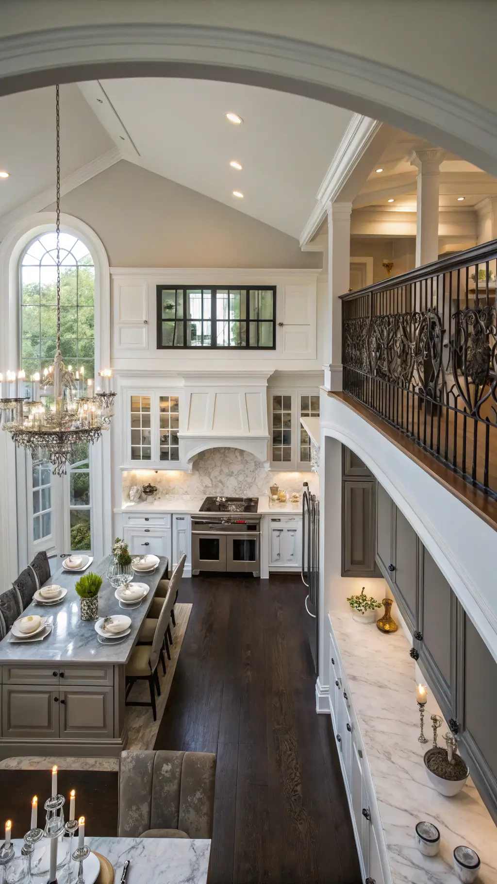 Overhead view of a transitional open-concept kitchen with white glass-front upper cabinets, charcoal lower cabinets, Carrara marble backsplash, and natural light highlighting the flow into the dining area.
