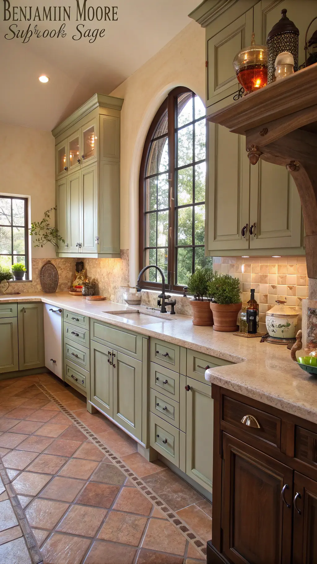 Mediterranean-inspired kitchen with sage green upper cabinets, cream antiqued lowers, terra cotta tile floor, limestone counters, and copper accents, bathed in golden hour light with olive branches and vintage pottery.