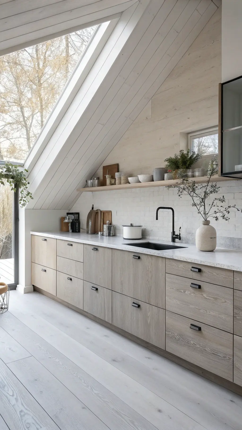 Scandinavian minimal kitchen with pale ash upper cabinets, light gray lower cabinets, white oak floors, and white stone counters, styled with white ceramics and eucalyptus branch in morning light.