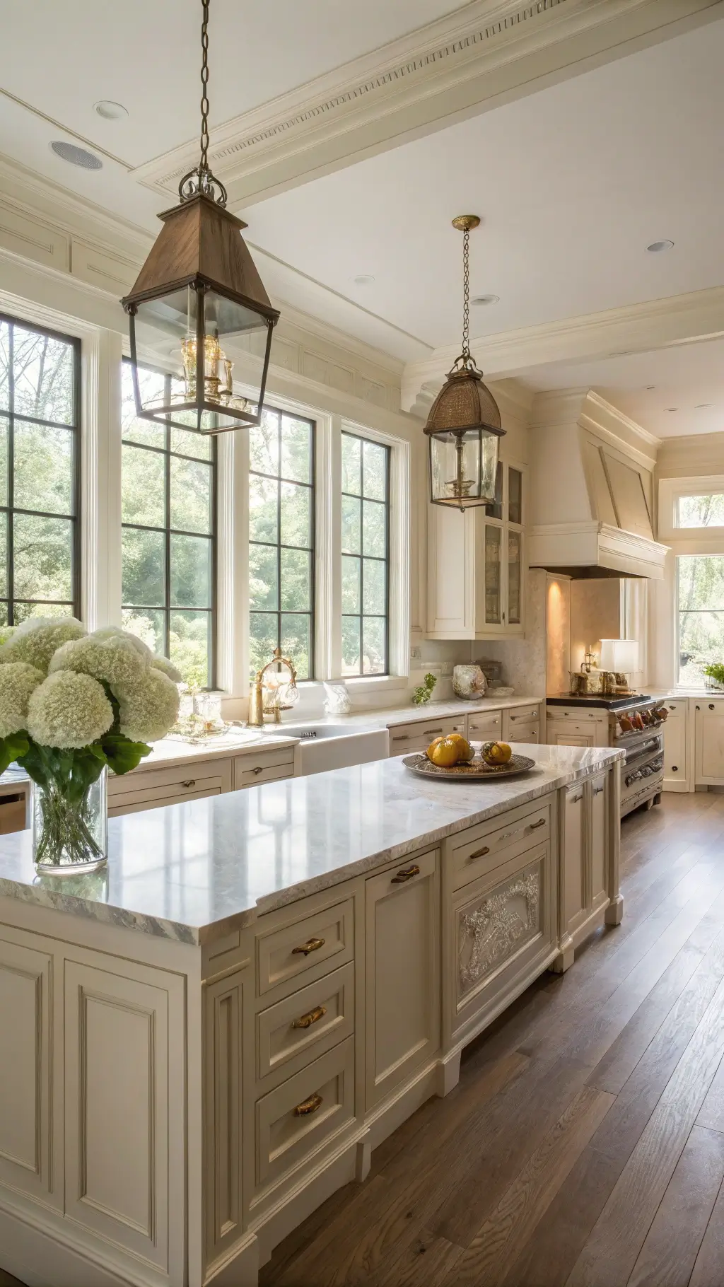 Traditional kitchen with cream Shaker cabinets, brass accents, marble countertops, and oak floors, softly lit by morning sun through large windows.