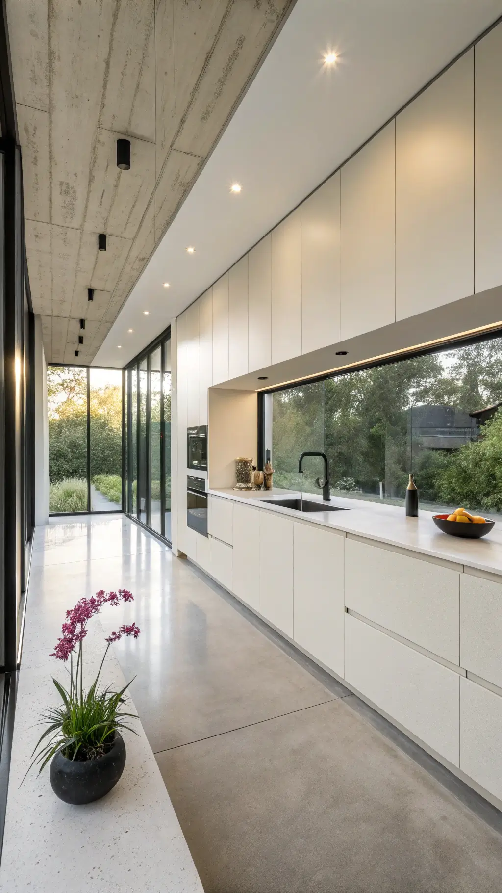 Minimalist modern kitchen with cream handleless cabinets, white quartz island, concrete floors, and floor-to-ceiling windows illuminated by side lighting.