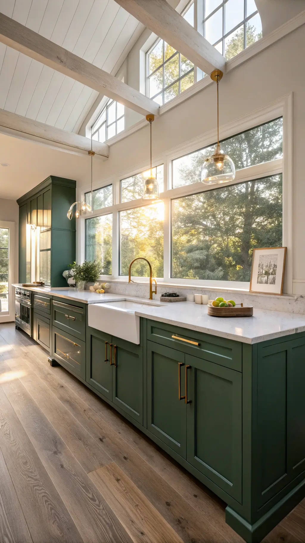 Modern emerald green kitchen with brass hardware, white quartz countertops, and sunlit oak floors during golden hour.