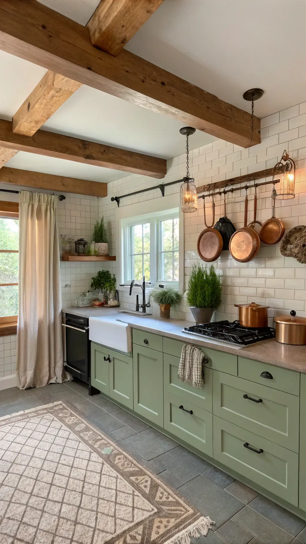 Cozy farmhouse kitchen with sage green cabinets, butcher block counters, exposed beams, and vintage copper pots in soft morning light.