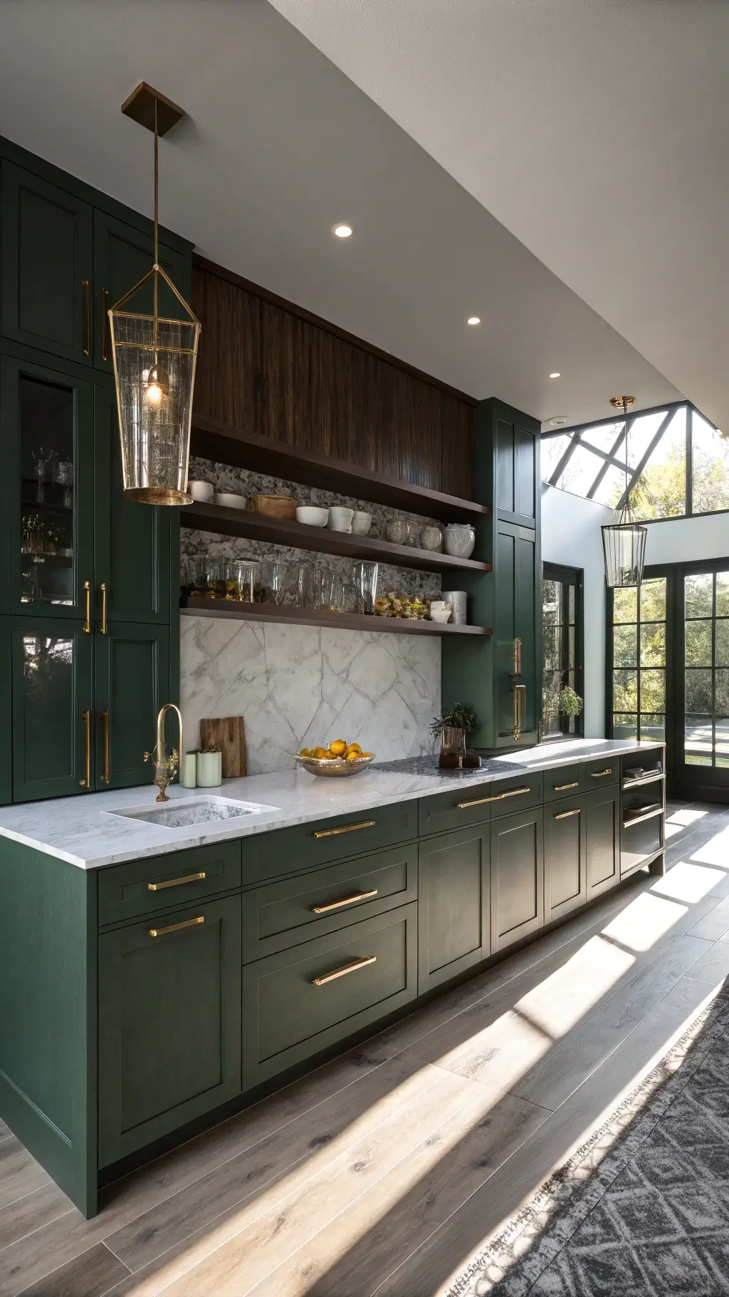 Contemporary hunter green kitchen with tall flat-panel cabinets, walnut floating shelves, brushed gold fixtures, marble island, and geometric pendant lighting in soft afternoon light.