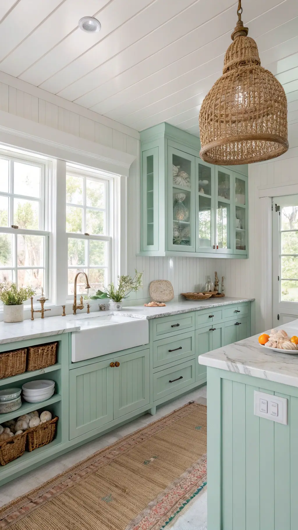 Airy coastal kitchen with mint green beadboard cabinets, white marble counters, glass-front uppers displaying shells, rattan pendants, and a jute rug.