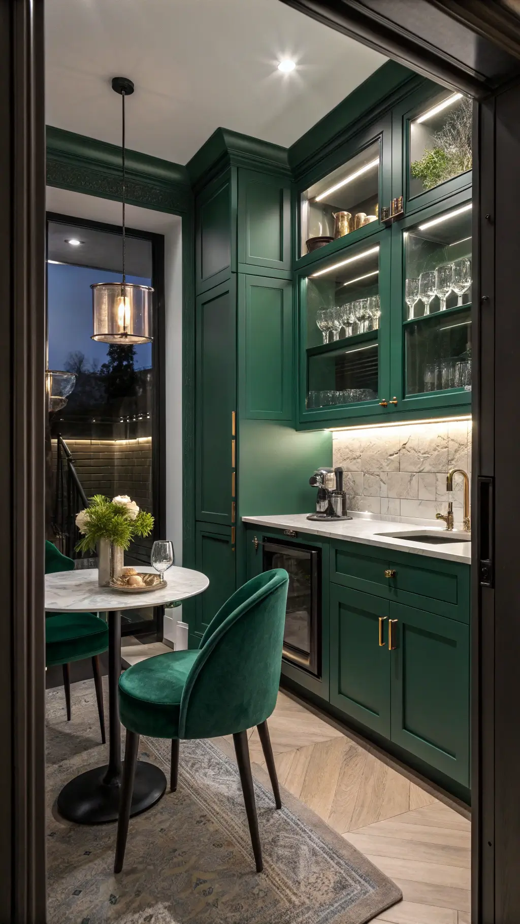Compact emerald green kitchen with ceiling-height cabinets, mirrored backsplash, velvet chairs, and moody dusk lighting.