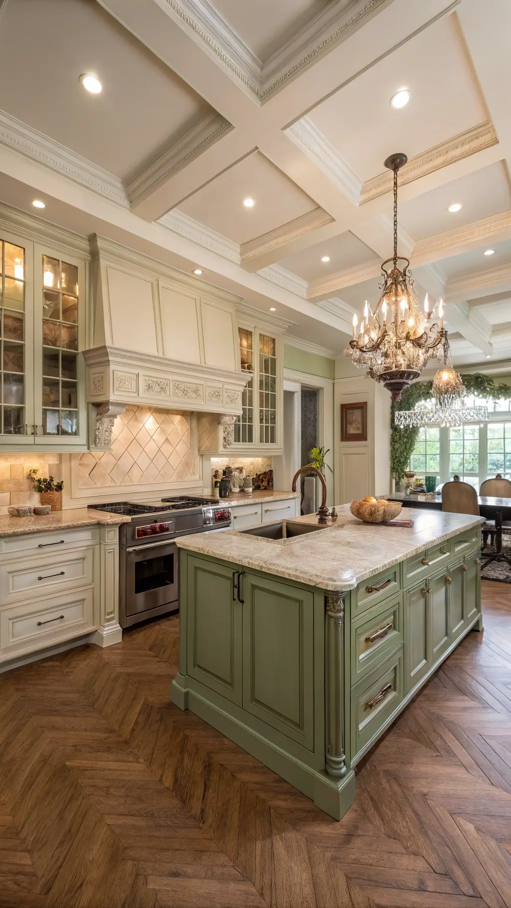 Spacious two-tone kitchen with sage and cream cabinets, coffered ceiling, crystal chandelier, copper cookware, and herringbone wood floors.