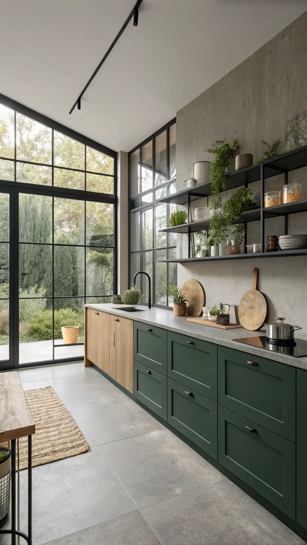 Modern kitchen with forest green cabinets, concrete counters, oak waterfall island, and black steel windows under moody dawn light.