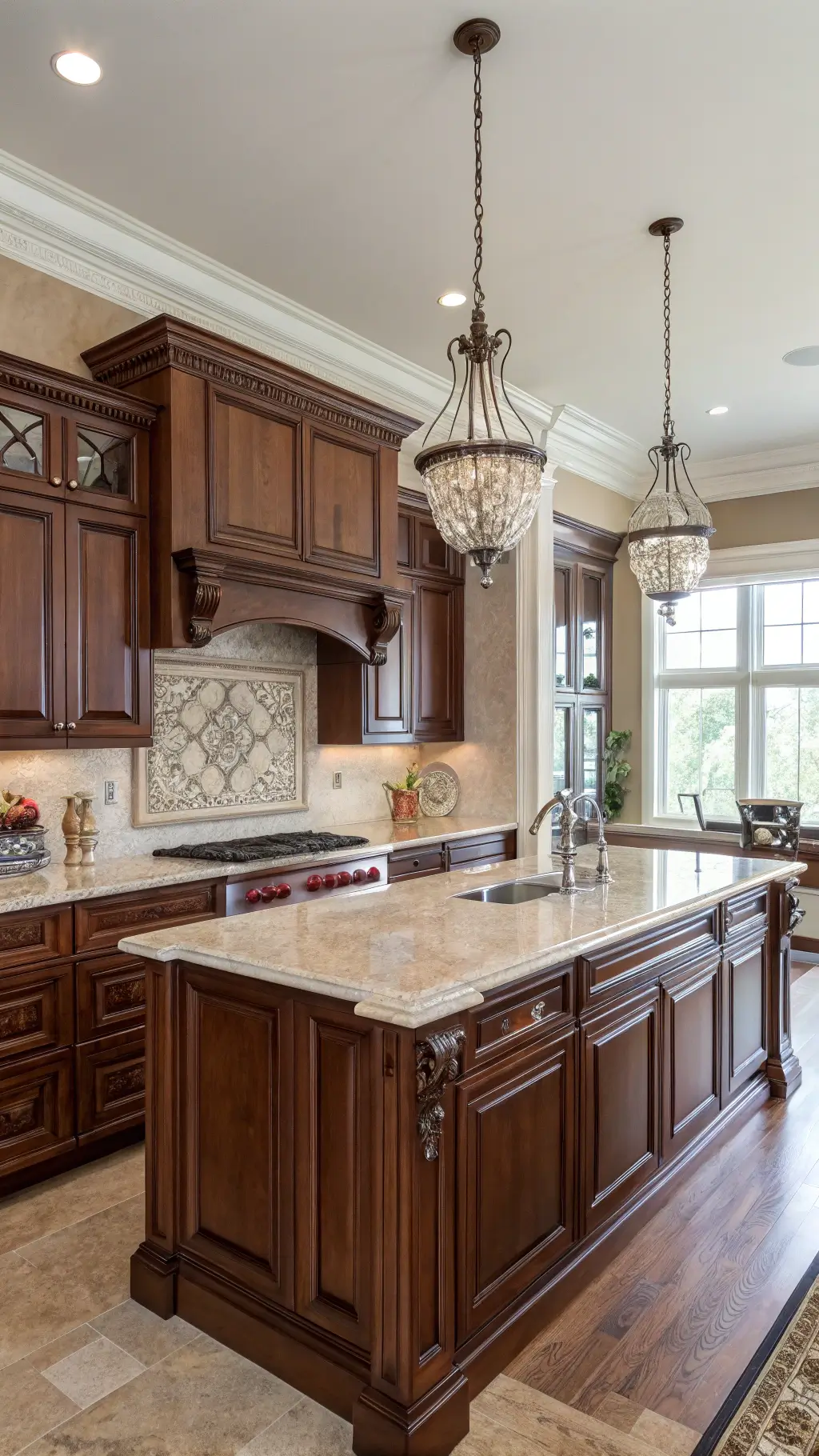 Sunlit traditional kitchen with cherry wood cabinets, cream marble countertops, ornate bronze hardware, and crystal pendant lights.