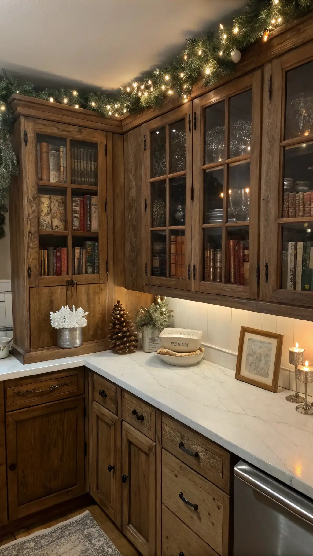 Cozy 10x12ft kitchen nook with weathered pine cabinets, vintage cookbooks, marble counter dusted with flour, and pine cone garland in warm evening light.