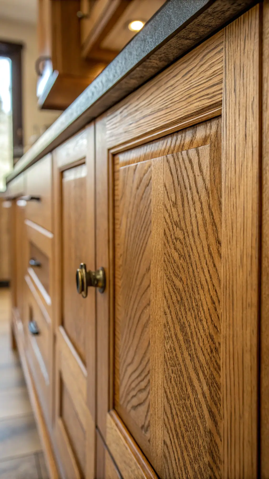 Extreme close-up of quarter-sawn oak cabinet door with detailed wood grain, bronze vintage pull centered, and blurred kitchen background.