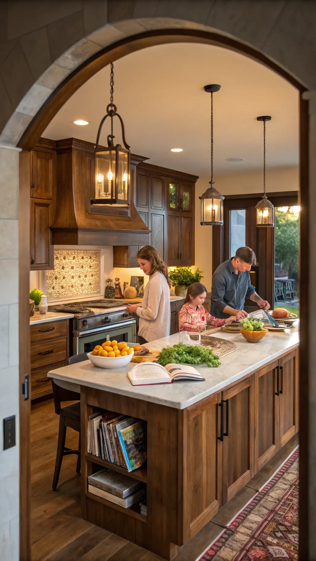 Family in rustic kitchen at golden hour, preparing food on island with vegetables and cookbook, warm pendant lighting, walnut cabinets, soft background.
