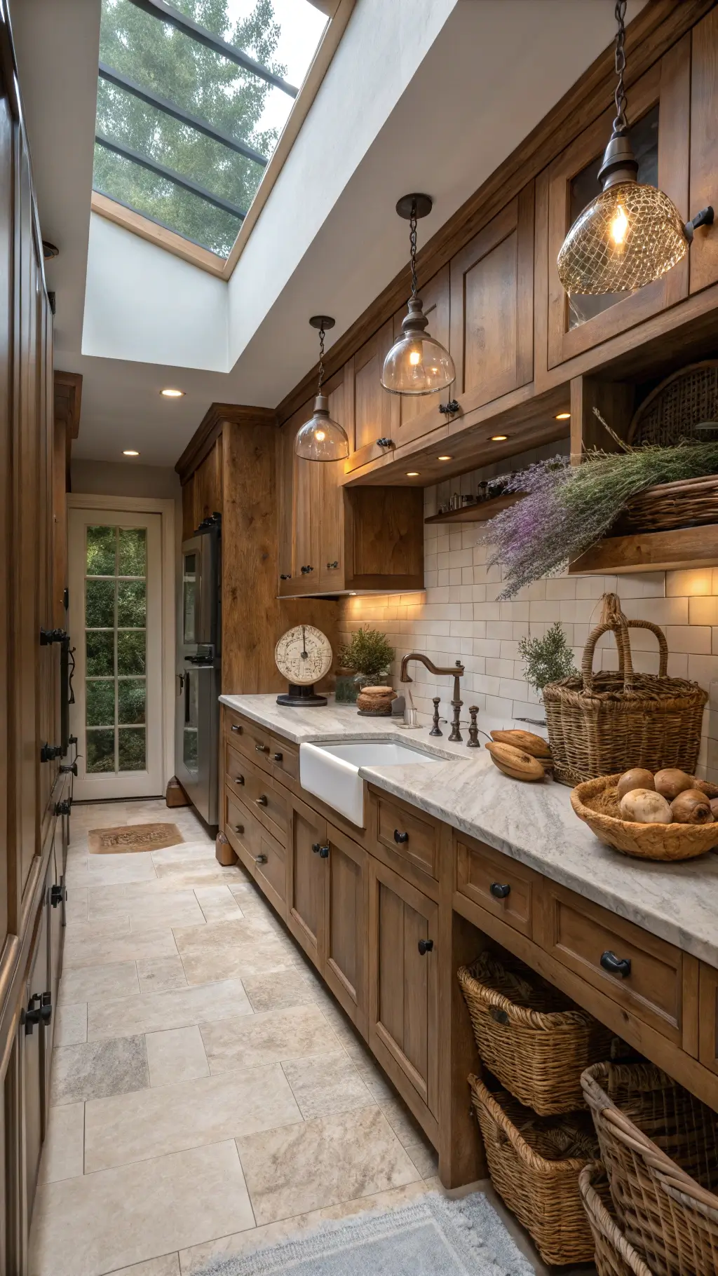 Low-angle view of a cozy galley kitchen with rustic alder cabinets, marble countertops, vintage decor, and warm morning skylight glow.
