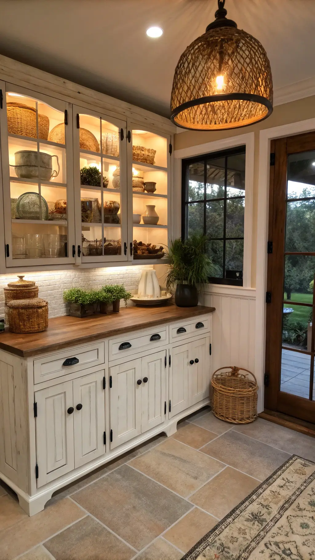 Cozy 10x10ft corner kitchen nook at dusk with whitewashed pine cabinets, black hardware, open shelving with pottery and glassware, warm lighting from rattan pendant, and butcher block counter styled with sourdough, herbs, and wooden boards.