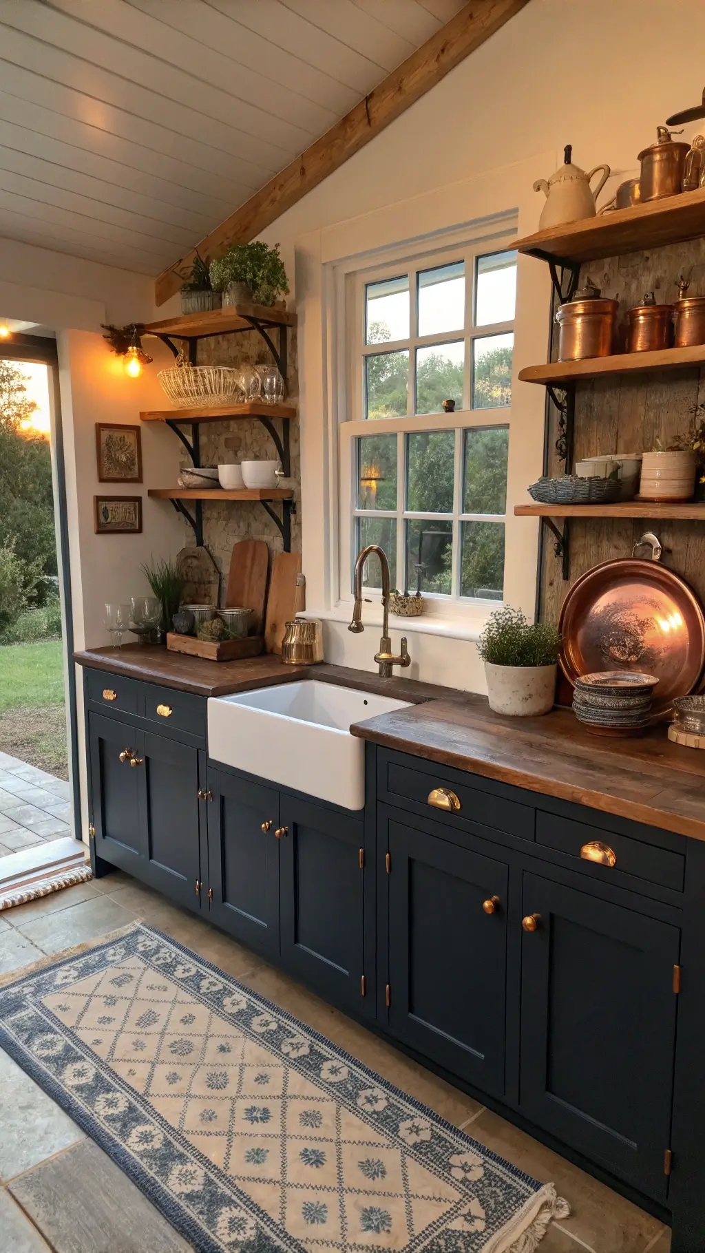 Compact cottage kitchen with navy shaker cabinets, brass hardware, soapstone counters, copper cookware, herb garden, and warm sunset backlighting.