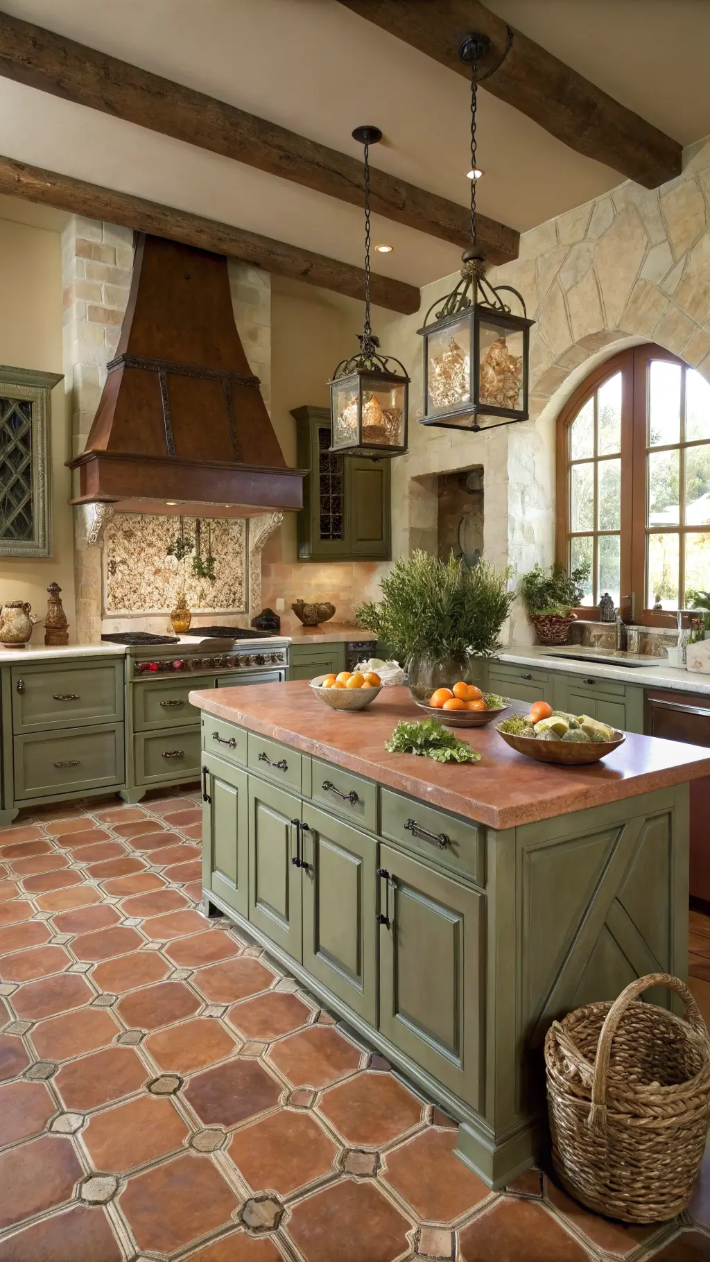 Mediterranean-rustic kitchen with olive cabinets, terracotta floors, stone backsplash, copper hood, and live-edge island styled with citrus and ceramics.