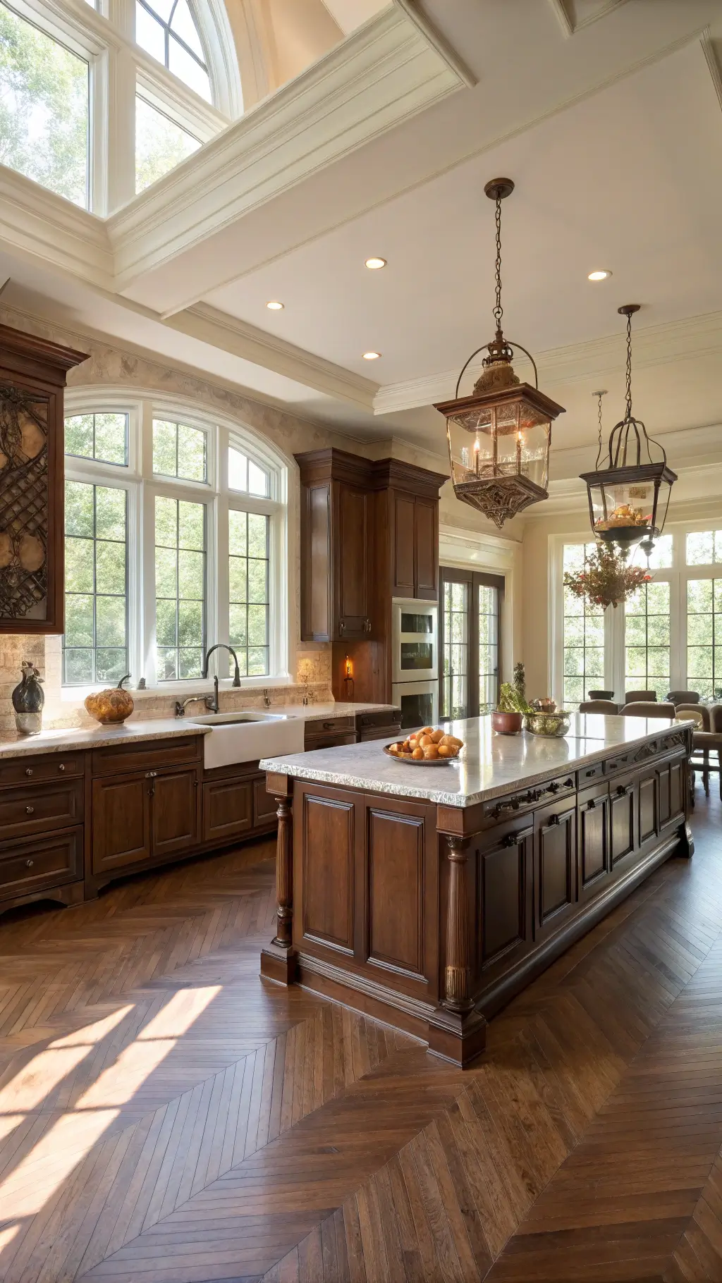 Warm traditional kitchen with espresso-stained maple cabinets, Calacatta marble countertops, walnut herringbone floors, and copper accents bathed in golden hour light.