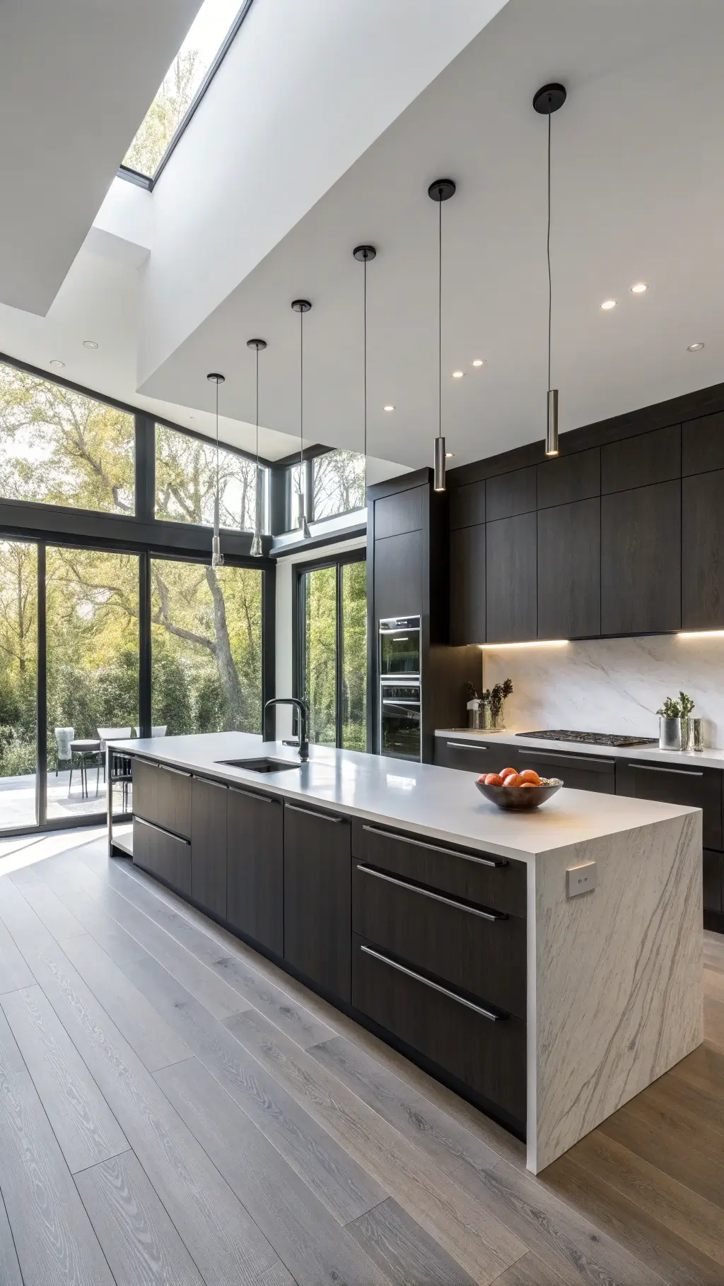 Minimalist 12x18ft kitchen with dark wenge floating cabinets, white waterfall quartz island, matte black fixtures, wide gray oak flooring, and diffused light from floor-to-ceiling windows.