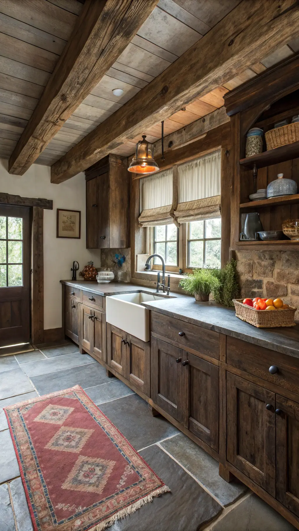 Rustic farmhouse kitchen with weathered dark oak cabinets, exposed beams, copper farmhouse sink, and vintage decor in soft morning light.