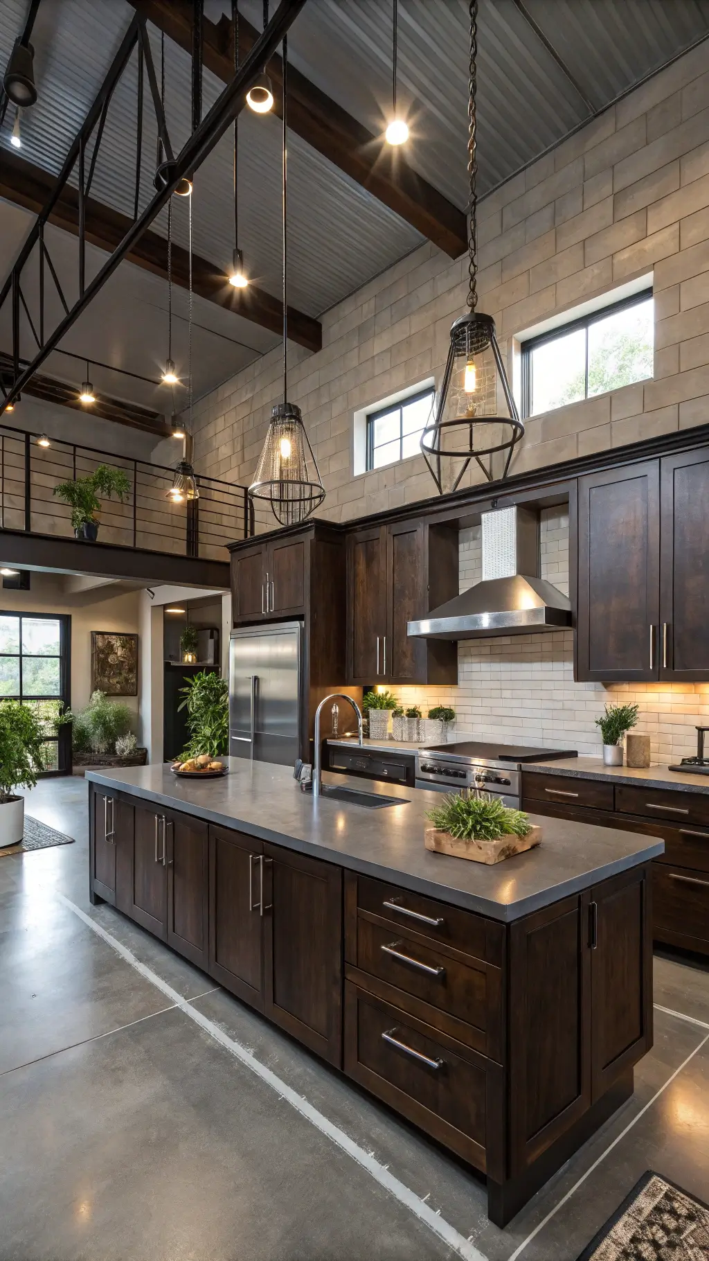Modern industrial double-height kitchen with dark maple cabinets, metal accents, concrete floors, stainless appliances, and dramatic lighting.