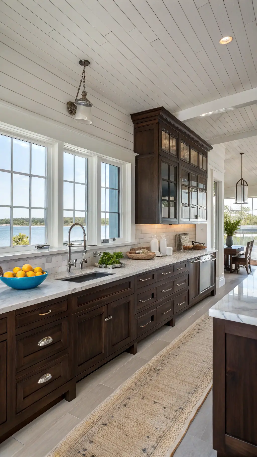 Open concept coastal kitchen with dark mahogany cabinets, white shiplap walls, quartzite counters, and ocean views through large windows at golden hour.
