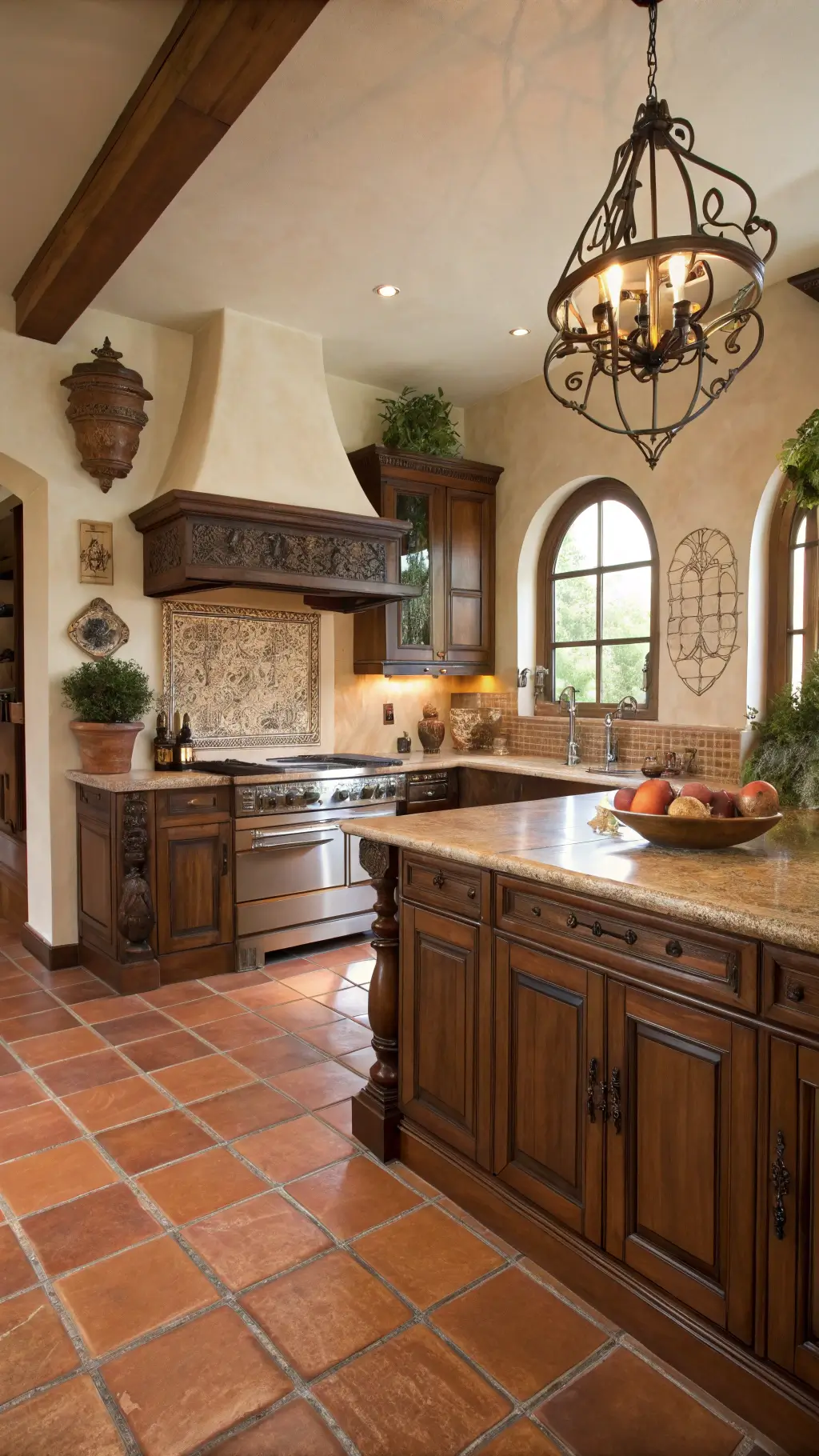 Mediterranean villa kitchen with walnut cabinets, terracotta floors, limestone counters, and copper range hood, styled with olive branches and vintage pottery.
