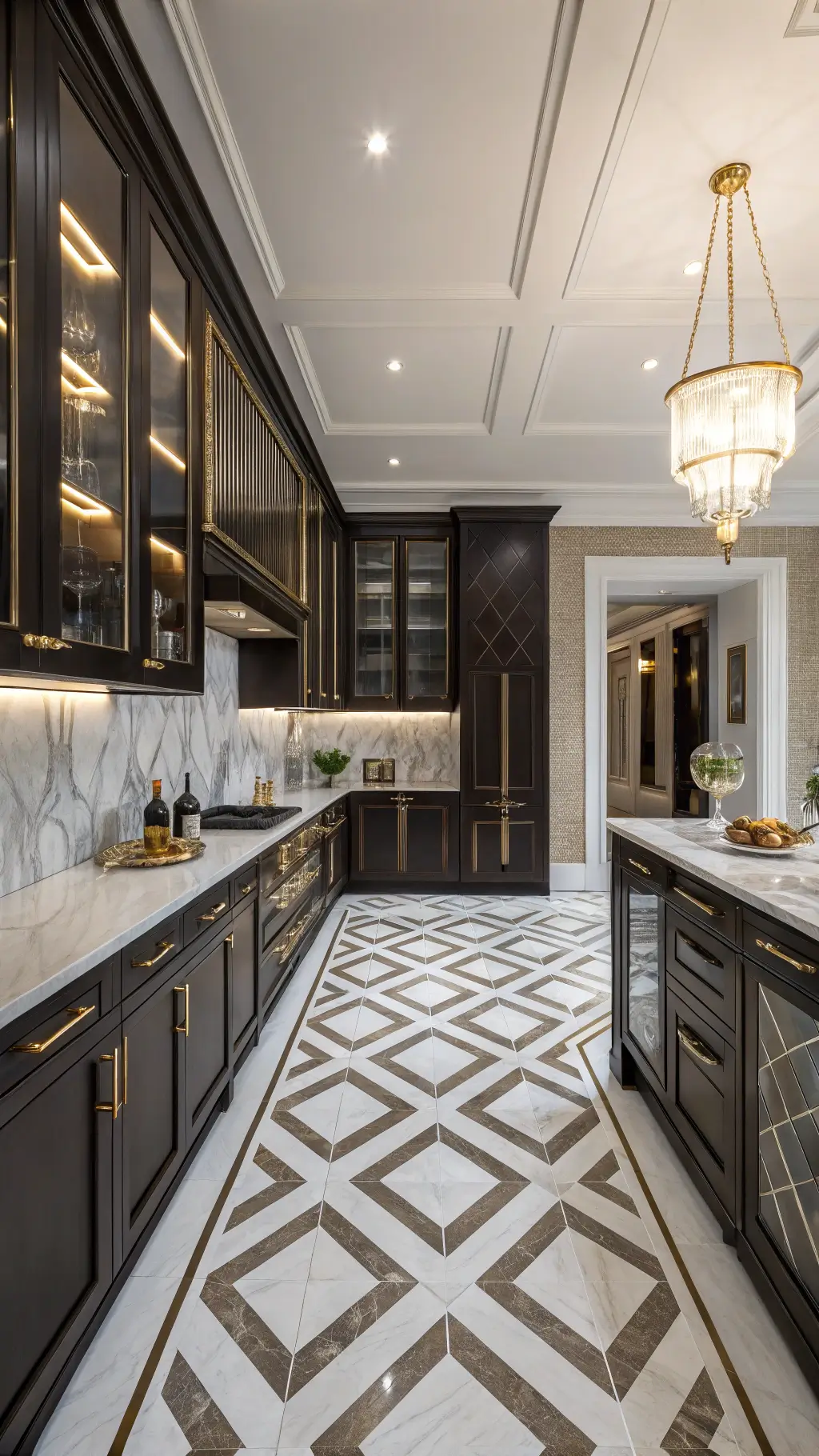 Art Deco kitchen with dark macassar ebony cabinets, chevron marble floors, mirrored backsplash, brass hardware, and geometric decor accents.