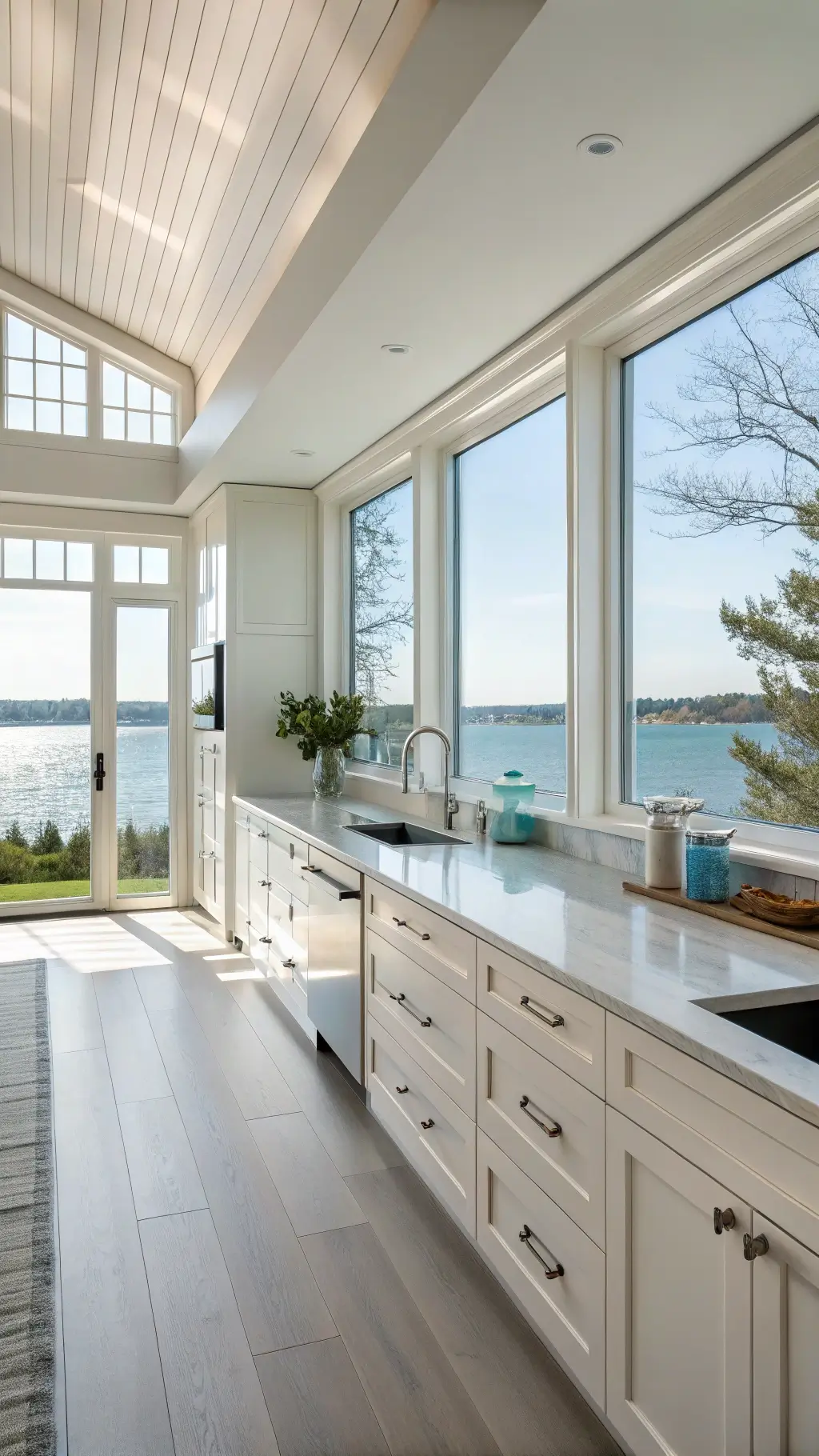 Coastal contemporary kitchen with floor-to-ceiling windows, off-white cabinets, sandy quartzite countertops, and ocean-inspired blue accents.