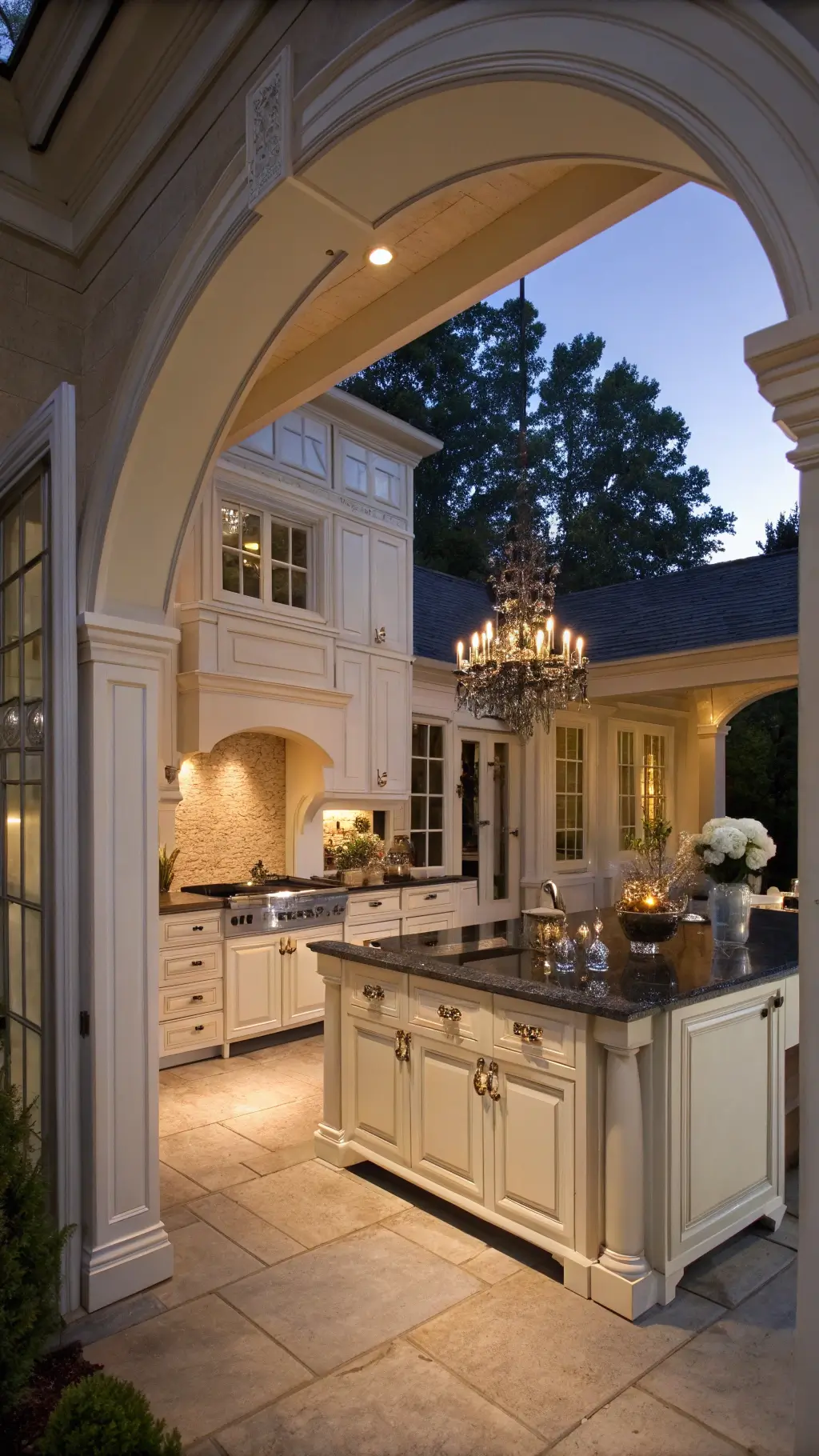 Elegant 16x18ft classic kitchen at dusk with off-white cabinets, dark granite countertops, arched doorways, crystal chandelier, and warm ambient lighting.