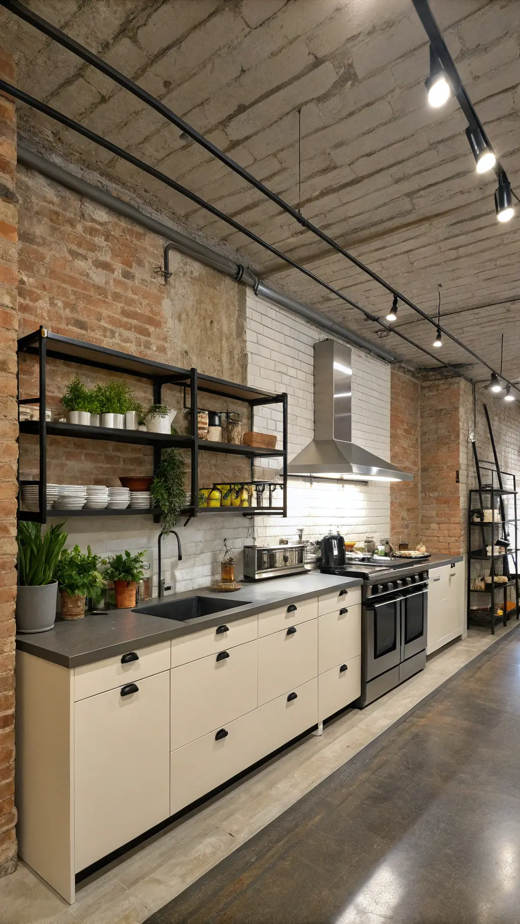 Industrial modern loft kitchen with exposed brick walls, concrete ceiling, stainless steel surfaces, off-white cabinets, black steel shelving, and dramatic track lighting creating urban, contemporary shadows.