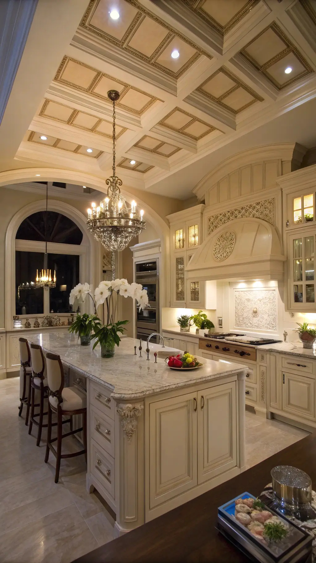 Luxurious transitional kitchen with coffered ceiling, off-white inset cabinets, Calacatta marble surfaces, mixed metal finishes, crystal and brass chandeliers, and sophisticated evening lighting.