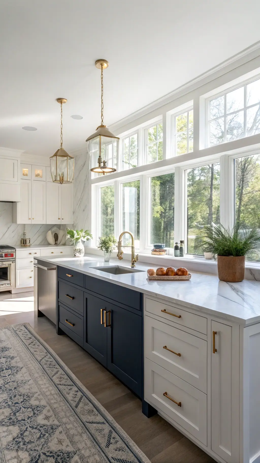 Modern kitchen with white shaker cabinets, navy island, brass hardware, and marble countertops bathed in golden hour sunlight through large windows.