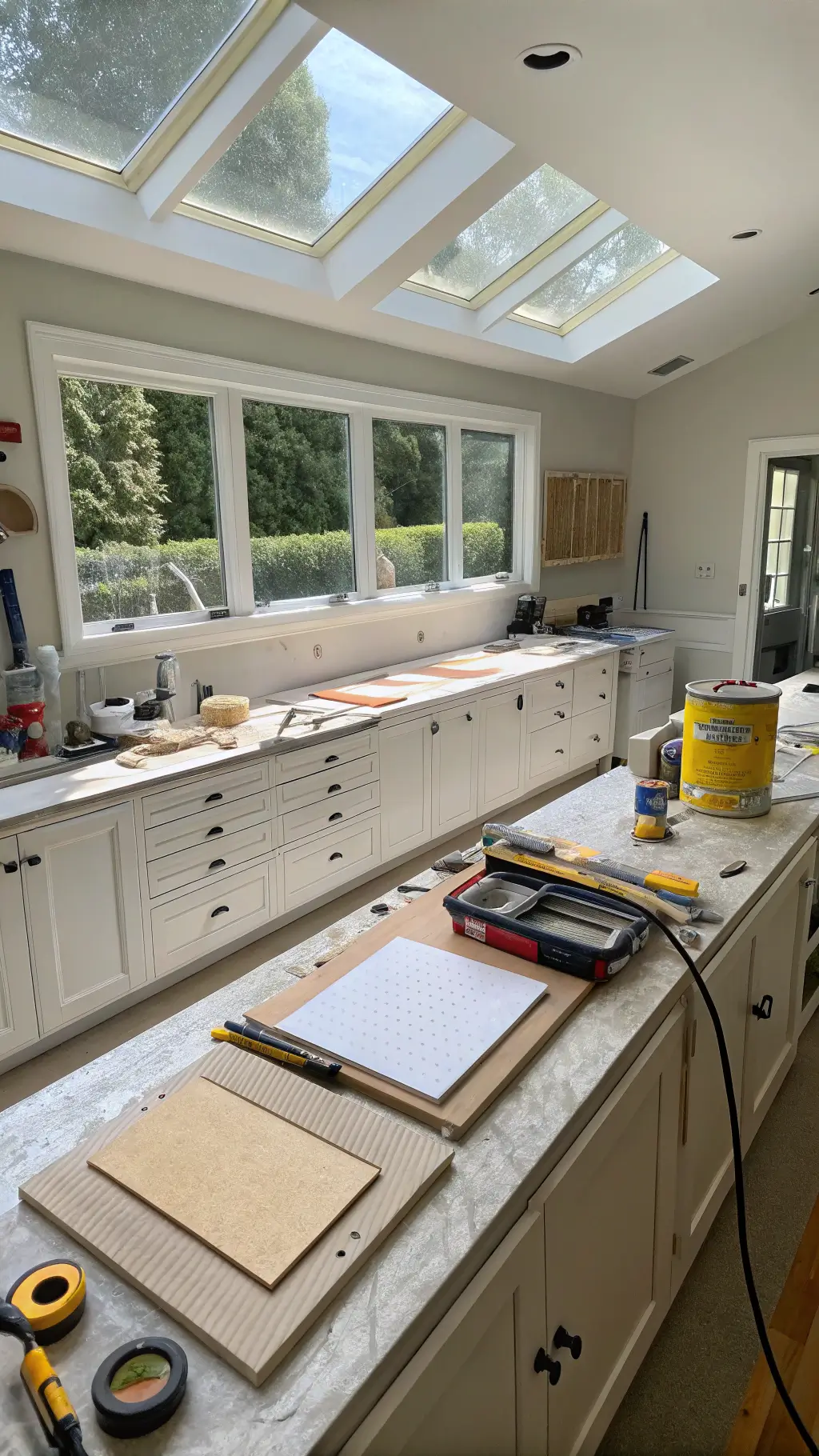 High-angle view of a bright, organized 14x16ft kitchen workspace with tools, sandpaper, and primers neatly arranged on a clean surface, cabinet doors in various finishing stages under daylight from skylights.