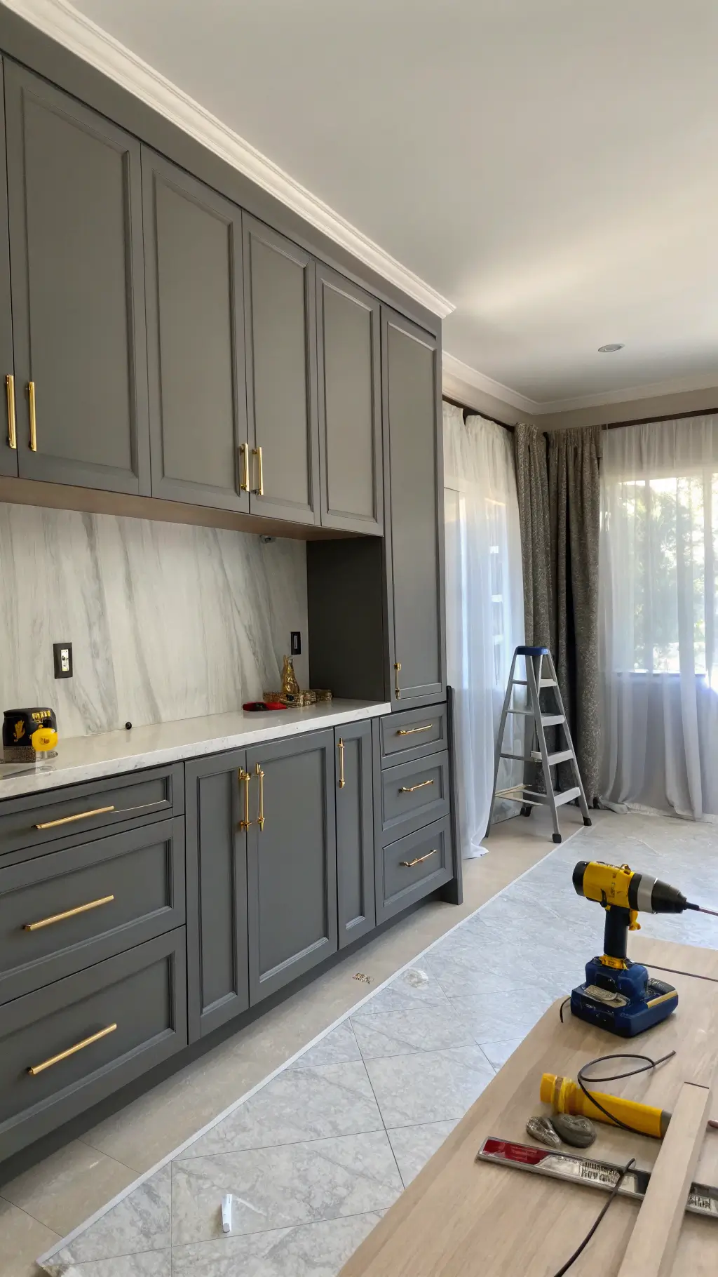 Low-angle view of a bright 13x15ft kitchen with charcoal gray cabinets, new brass hardware options on display, and professional tools set up for installation in soft natural light.