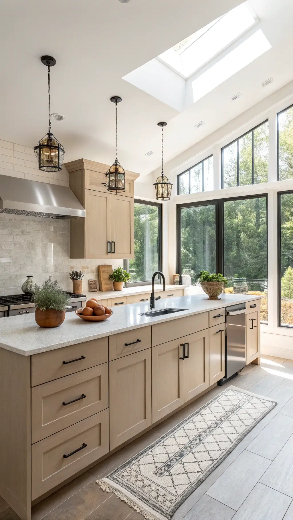 Modern 12x15ft kitchen with Baby Fawn cabinets, white quartz countertops, matte black hardware, a waterfall island, stainless steel appliances, and morning light streaming through floor-to-ceiling windows.