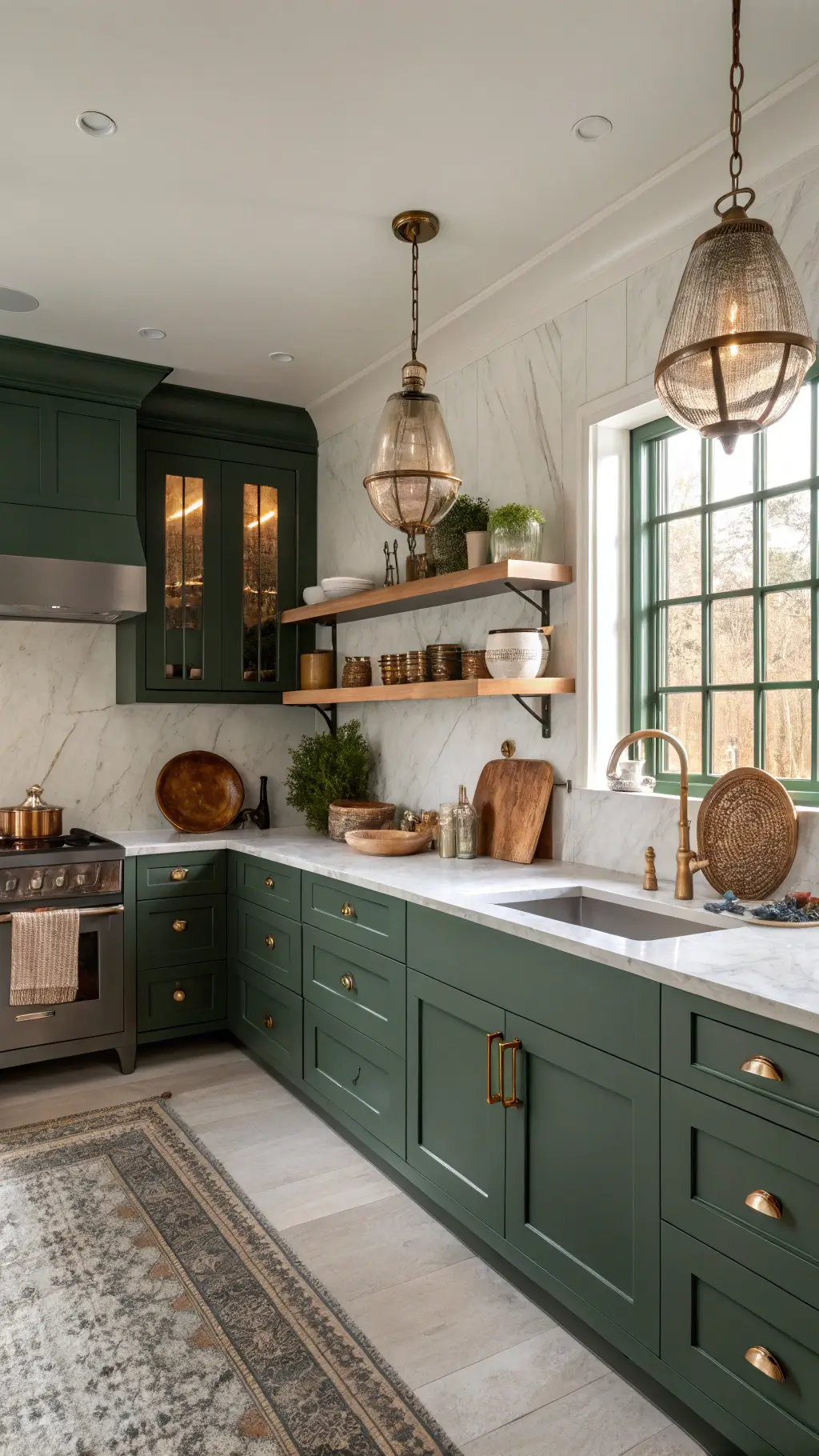 Elegant 14x16ft kitchen with Deep Forest Green cabinets, cream walls, brass accents, marble backsplash, and warm golden hour lighting.