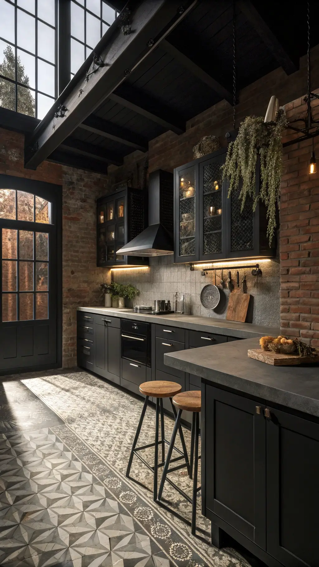 Moody industrial kitchen with Peppercorn cabinets, exposed brick, geometric tile floor, and dramatic overhead lighting creating strong shadows.
